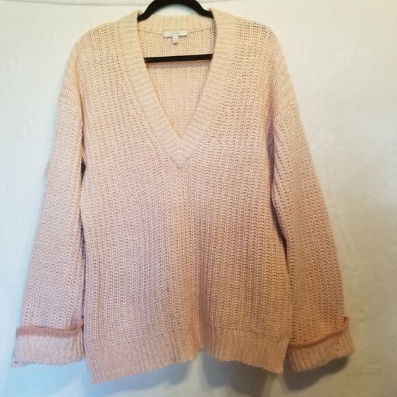 JOIE M Sweater Nebi Marled Alpaca Wool Blend Pink V-Neck Oversized Chunky Preppy - Picture 1 of 8